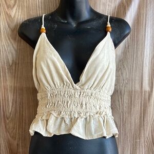 NWT Sim & Sam Beige Linen Ruffled & Wood Beaded Women's Halter/Tank Top - XL